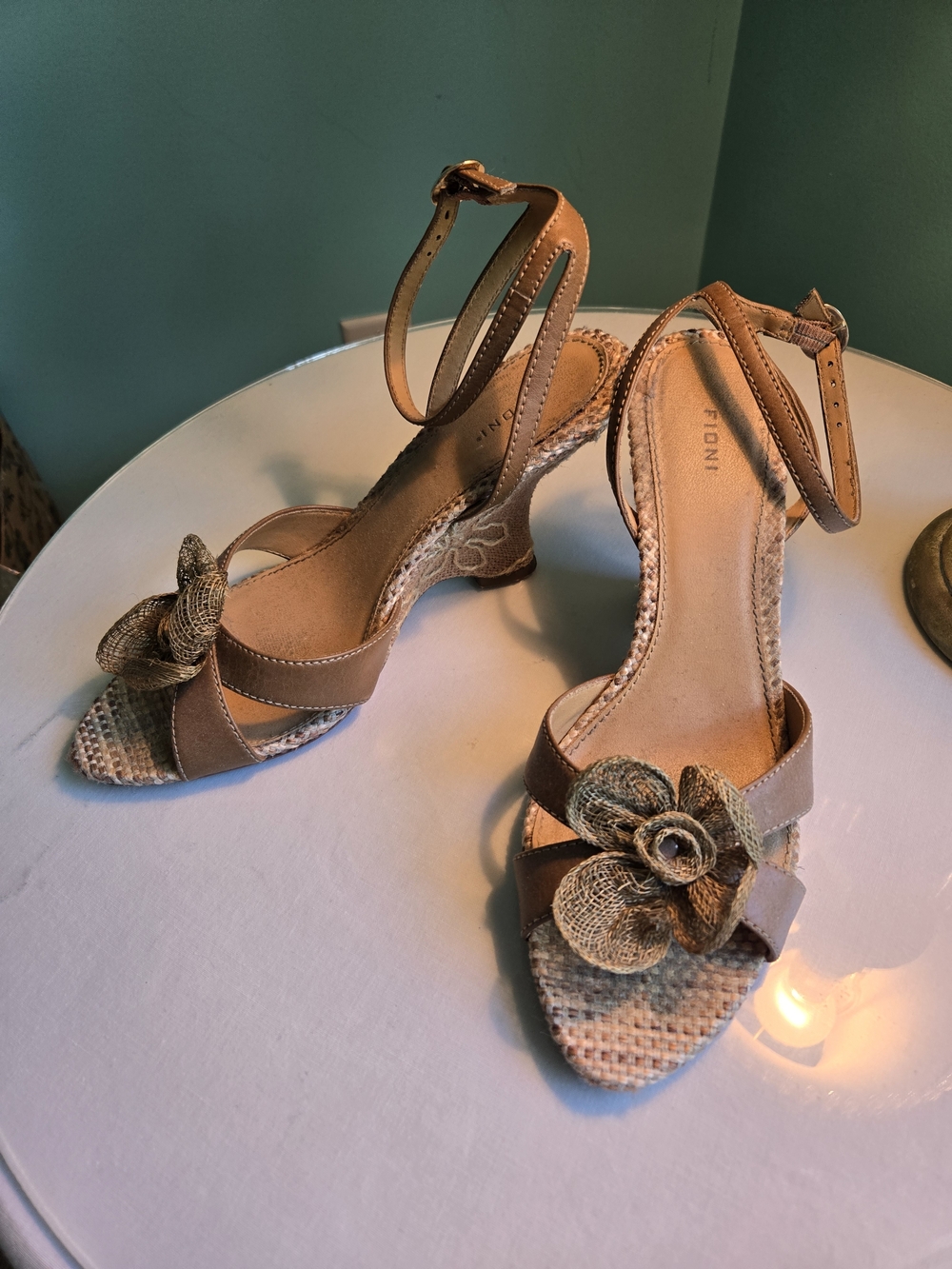 FIONI Tan Floral Ankle-Strap Wedge Sandals